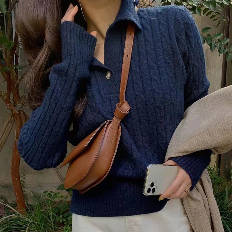 New Fashion Women Autumn Pullover Sweater Long Sleeve Turn Down Collar Winter Knitwears Jumpers Loose Knitted Sweaters for Women Elegant Tops 25311