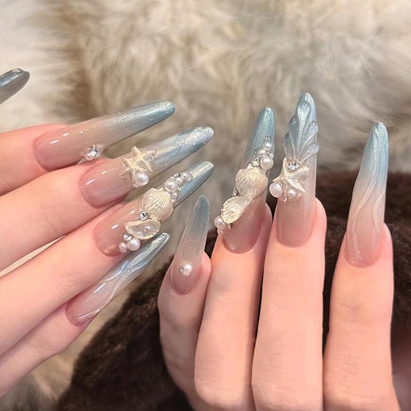 12 Komór/Pudełko Niebiesko-Białe Charmsy do Paznokci Muszla Rozgwiazda Ogon Syreny Akcesoria do Manicure 3D Dla Marzycielskiego i Oceanicznego Wyglądu Manicure