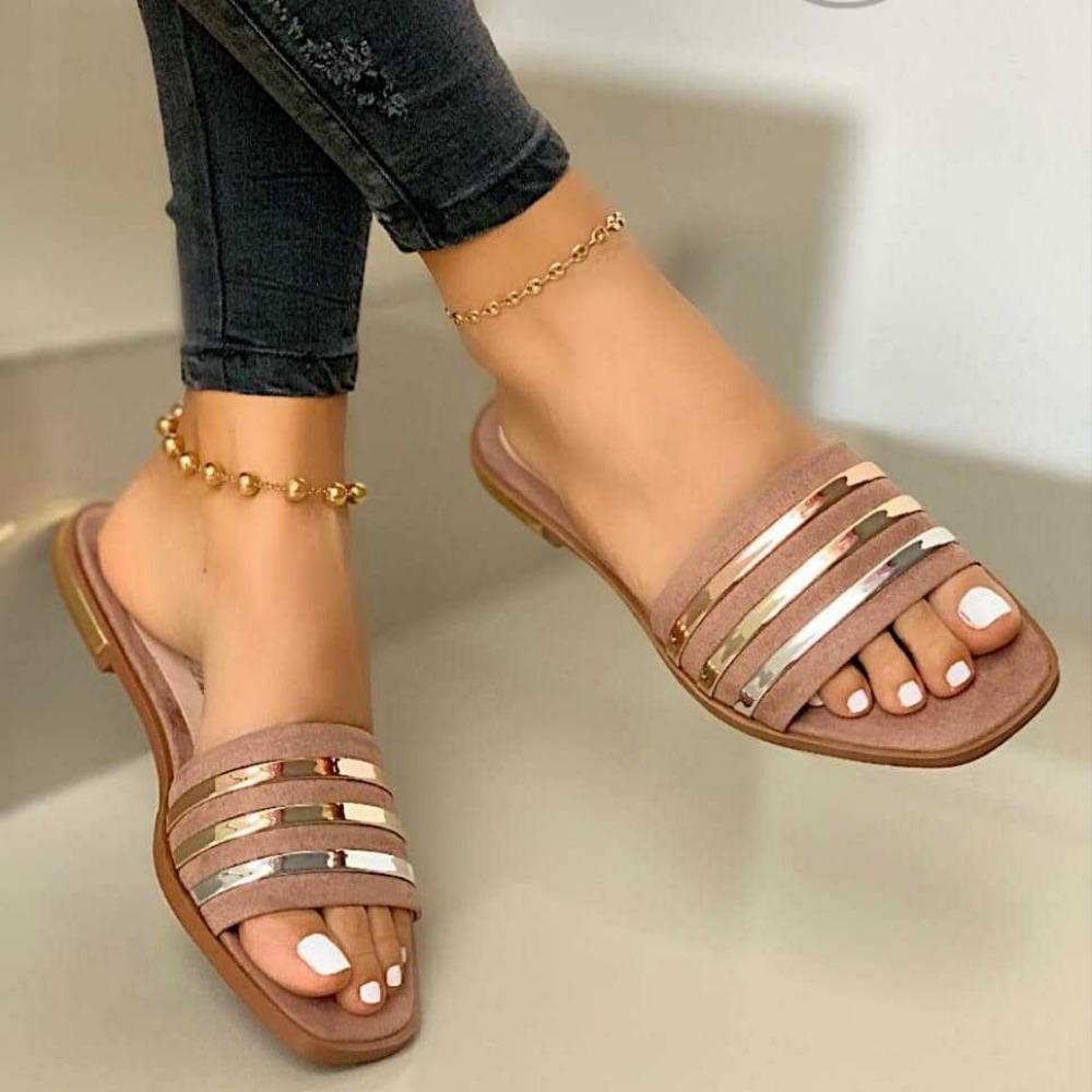 Women Slippers New Metal Striped Summer Flat Shoes Fashion Slip on Slides Outdoor Female Casual Women Sandals Plus Size
