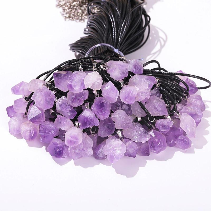 Natural Irregular Amethyst Raw Stone Necklace Black Leather Rope Purple Crystal Pendant Necklace Women Fashion Ornament Daily Wear Accessories