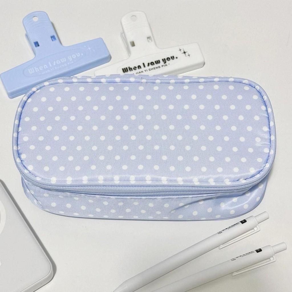 Blue Polka Dot Pencil Case - Cute Japanese Style, Large Capacity Storage for Stationery & Cosmetics