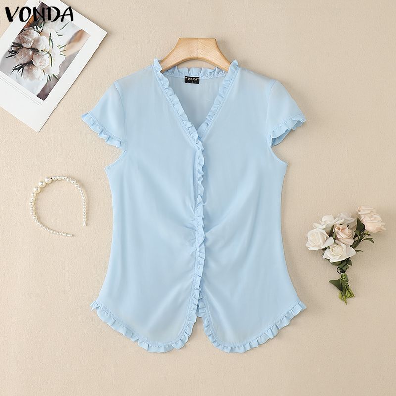 VONDA Summer Women Casual V-Neck Short Sleeve Ruffled Hem Slim T-shirts Tops