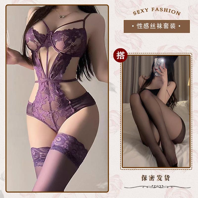 Hollow and thin sexy underwear sexy onesie temptation strap perspective lace free purple n
