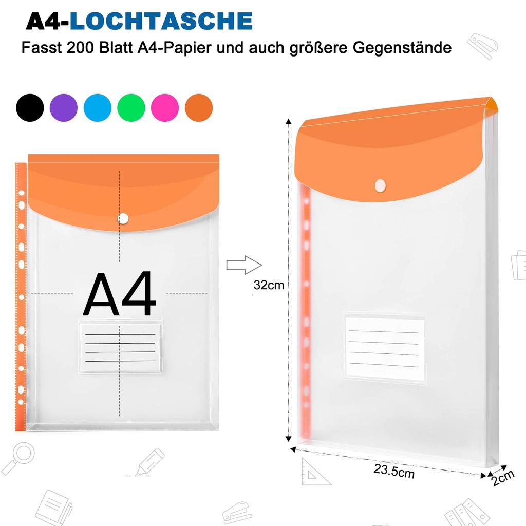 6PCS A4 file bag, contract bag, 11 hole insertable loose leaf bag, test paper bag, transparent three-dimensional buckle bag