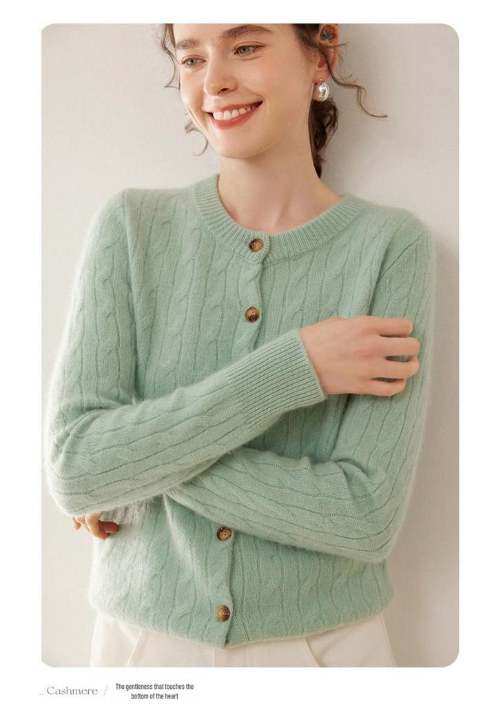 Women's French Style Cable Knit Cashmere Cardigan - Round Neck, Solid Color, Thick, Versatile, Loose Fit Sweater.