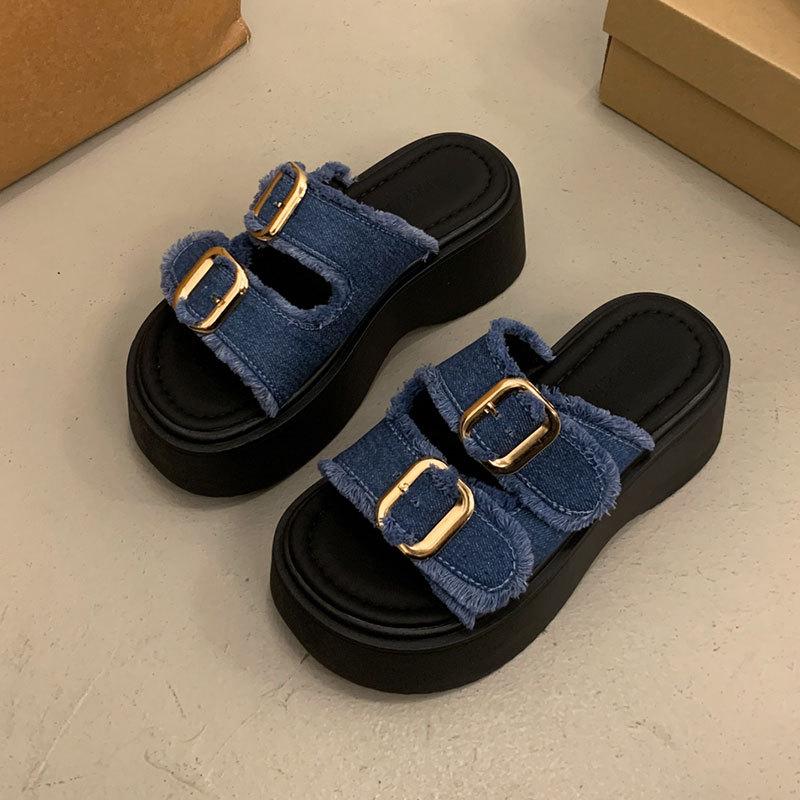 JX thick-soled muffin sandals women's new versatile height-increasing denim slippers sports cool slippers