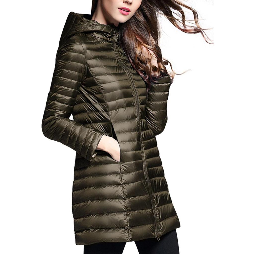 Damen-Steppmantel mit Kapuze, langärmelig, warm, für den Winter, Reißverschluss, Midi-Länge, Oberbekleidung