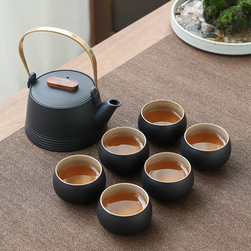 Japanese Black Pottery Tea Set with Handle Teapot, Dry Brew Tray, and Portable Bag for Home, Office, or Travel.