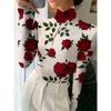 Women's Elegant Long Sleeve High Neck Red Rose Print Top, Slim Fit H Shape Machine Washable, Spring/Autumn Wear Top