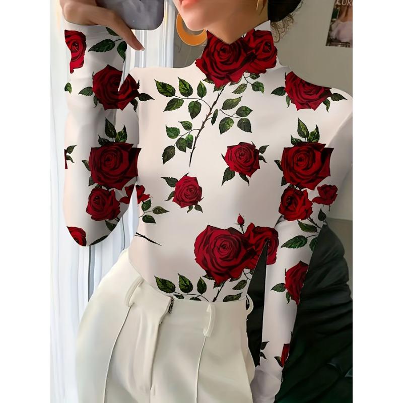 Women's Elegant Long Sleeve High Neck Red Rose Print Top, Slim Fit H Shape Machine Washable, Spring/Autumn Wear Top