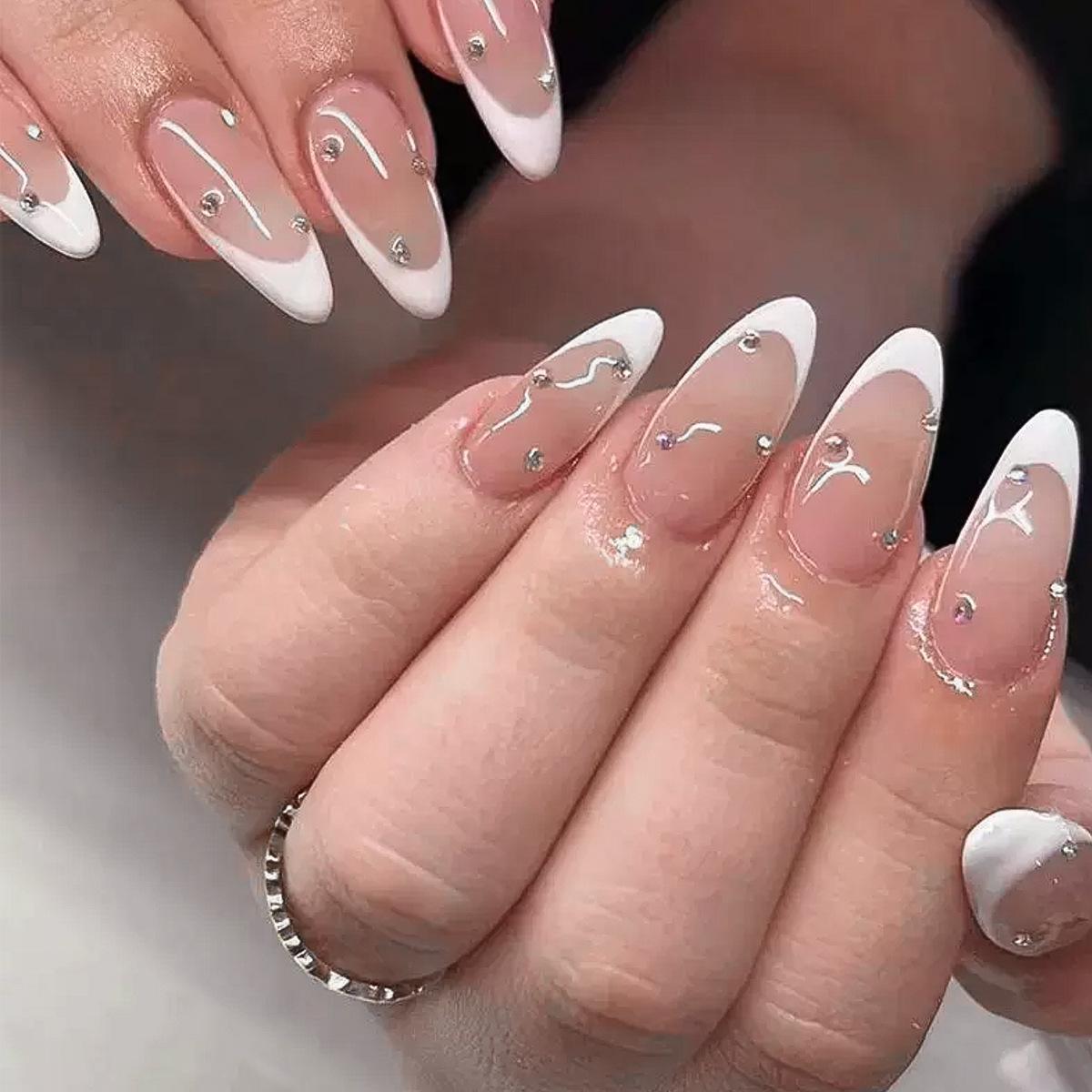 Almond Shaped White French Fake Nails with Rhinestones and Glitter JP3304 [With Glue]