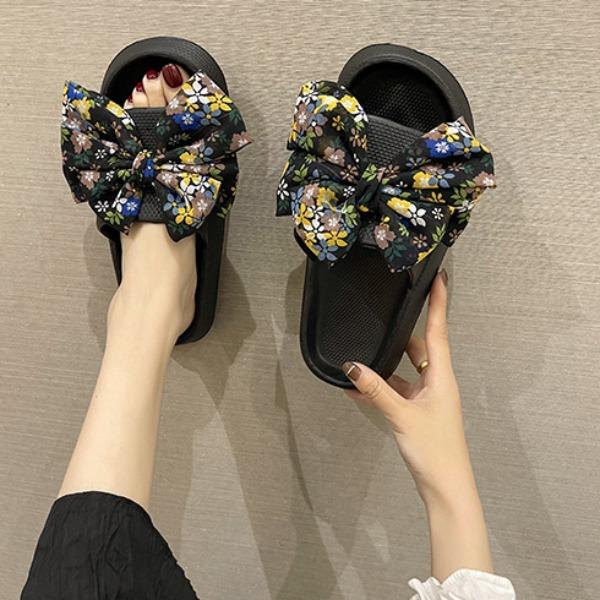 Damen Sommer Süße Große Schleife Sandalen und Hausschuhe Oberbekleidung Net Red Ins Tide Wild One-Word Drag Dickbesohlte Eva Hausschuhe