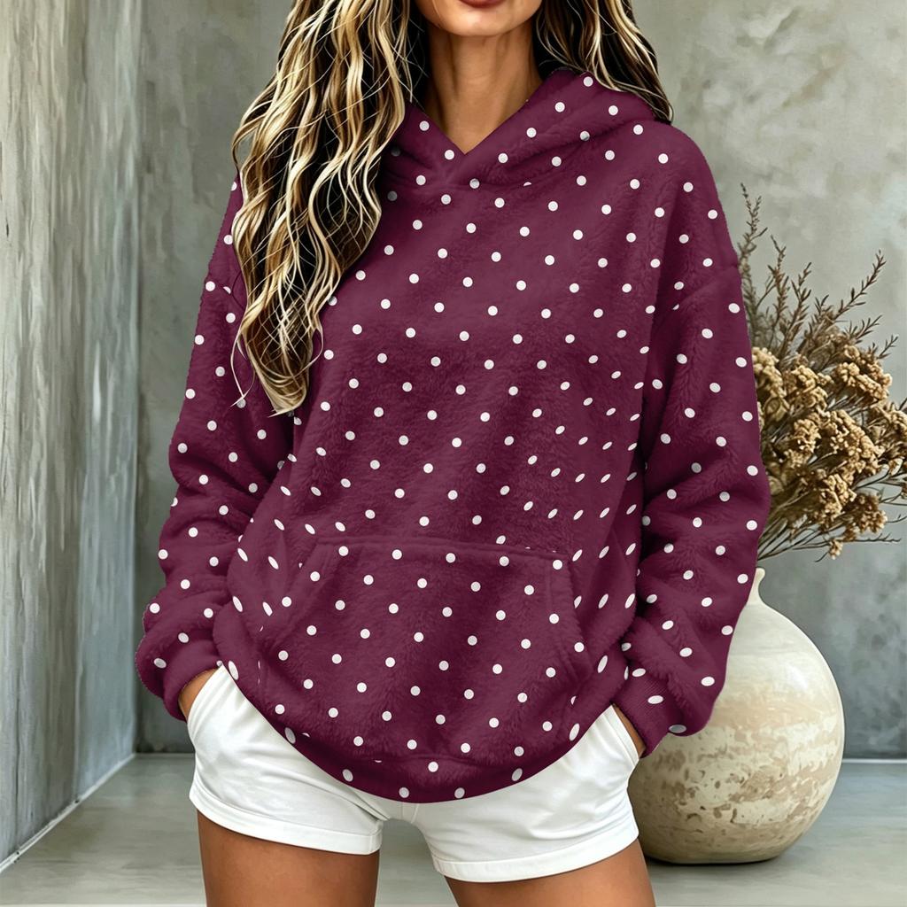 Women's Polka Dot Hooded Flannel Top, Long Sleeve Casual Pullover with Pockets for Fall and Winter
