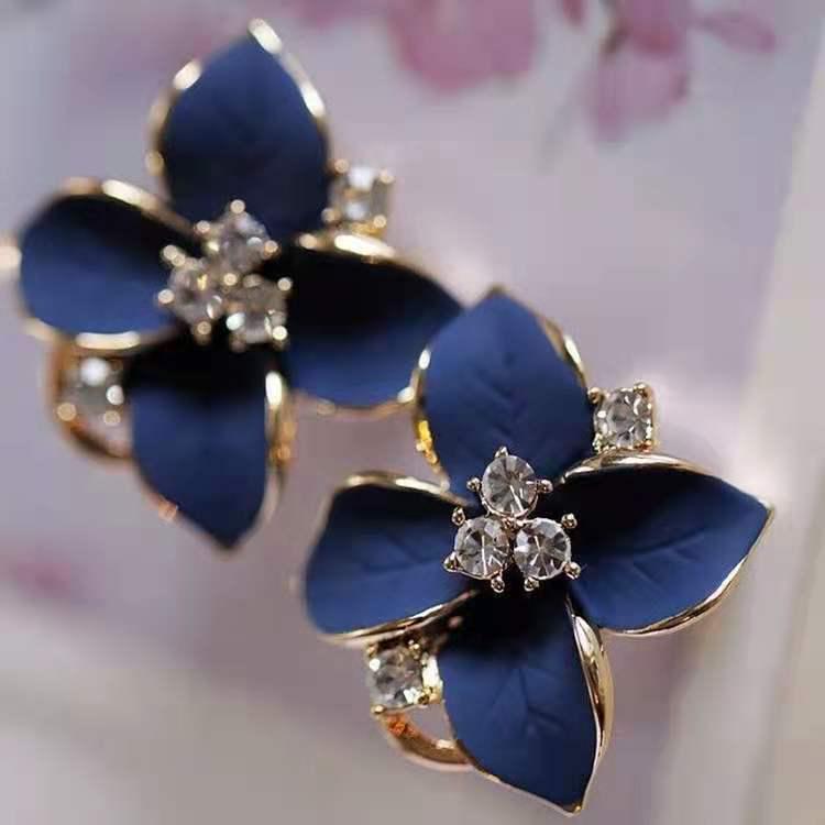 Korean Camellia Earrings: Royal Blue, Three-Dimensional Frosted Clips for Women