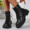 Fashion Black Punk Lace Up Motorcycle Boots Women Autumn Winter Platform Ankle Boots Women Plus Size 35-43 Zip Pu Leather Booties Mujer