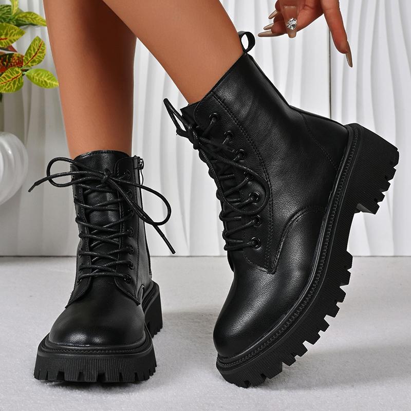 Fashion Black Punk Lace Up Motorcycle Boots Women Autumn Winter Platform Ankle Boots Women Plus Size 35-43 Zip Pu Leather Booties Mujer