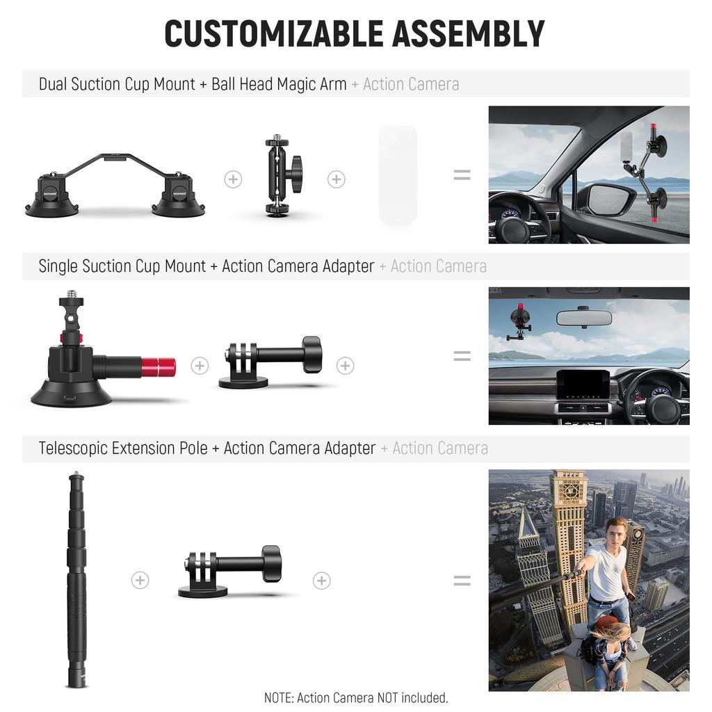 NEEWER Dreifache Saugnapf-Autohalterung Schnellwechsel-Magic-Arm-Kamerahalterung für Außenverlängerungstuch Kompatibel mit OSMO Pocket 3 Creator und X5