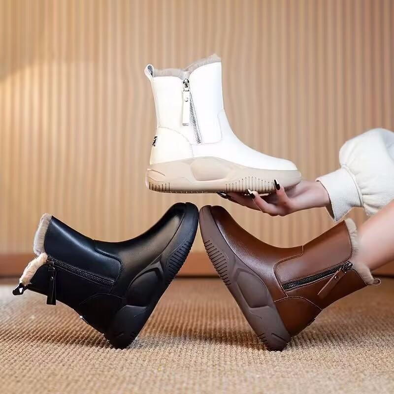 Autumn and Winter New Soft Leather Velvet Thickened Warm Snow Boots Women's Non-slip Versatile Short Boots