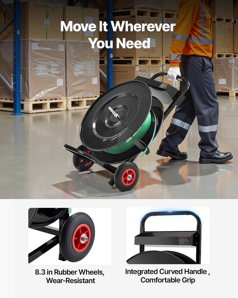 Banding Strapping Cart, Fit for PET/PP/Polyester Strapping Coils with 20.3/40.6 Cm Core Size, Heavy Duty Strapping Dispenser Equipped with Upgrade