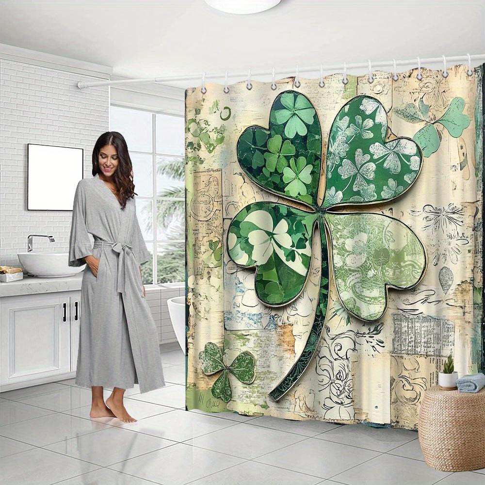 Heart-Shaped Four-Leaf Clover Shower Curtain, Vintage Paper Background, Includes 12 Hooks, Bathroom Decor