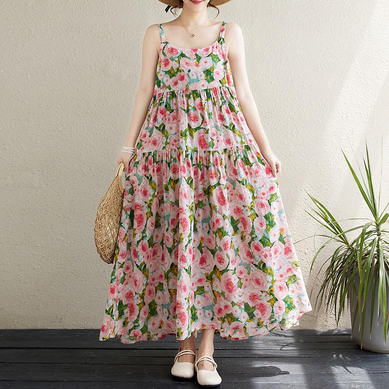 2025 Summer Cotton Linen Printed Patchwork Loose Long Suspender Dress with Slimming Large Hem