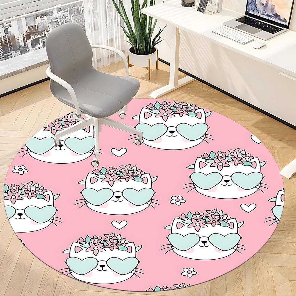 1PC Cat Floral Office Round Area Rug, Mat Suitable For Office, Under Office Chairs Bedroom Living Room Home Decor, Room Deco