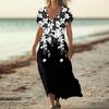 Women's Summer V-Neck Short Sleeve Cotton Linen Gradient Printed Loose Beach Dresses