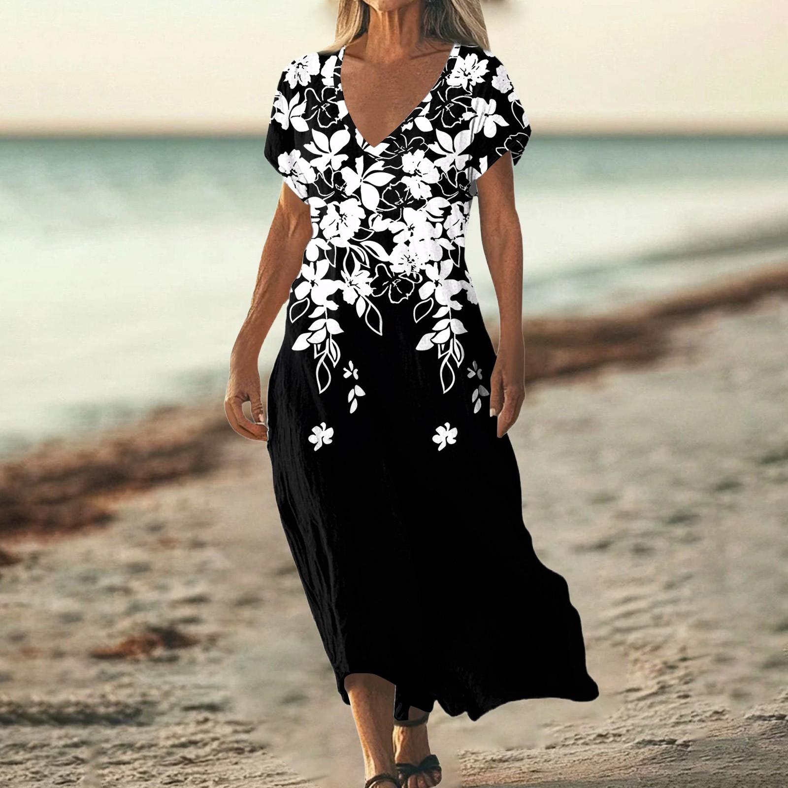 

Женские летние свободные пляжные платья с V-образным вырезом и коротким рукавом из хлопка и льна с градиентным принтом XL чёрный