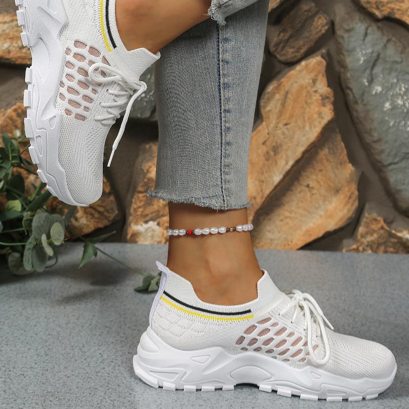 Mesh White Running Sneakers, Breathable Women's Thick-soled Fashionable Lace-up Casual Shoes