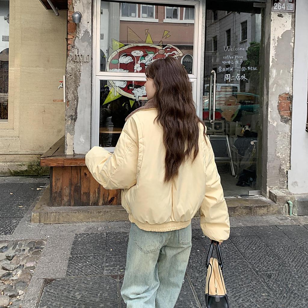 Parka Acolchoada Quente Outono Inverno Feminina Casual Doce Cor Sólida Bolso Grande Jaquetas Largas Roupas de Fora