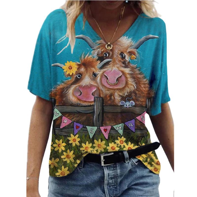 Fashion Spring  Horse Print Blouses Short Sleeved V-Neck T Shirts Casual