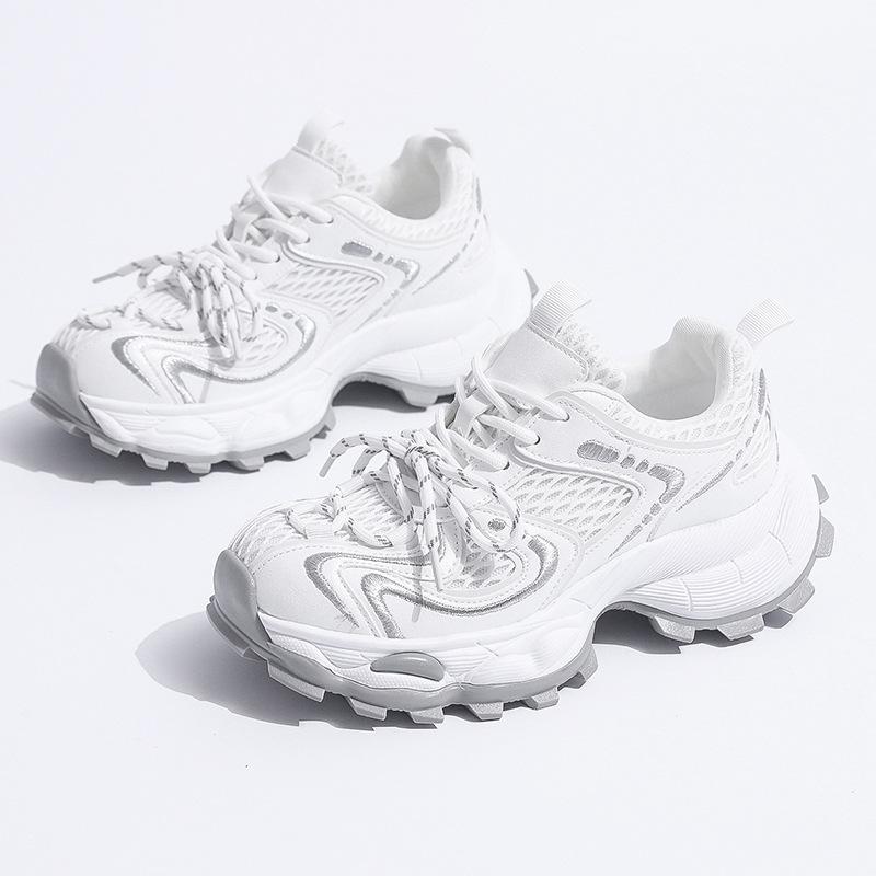 Leather Single Mesh Breathable Dad Shoes Women's Summer New Versatile Thick-soled Heightening Casual Sports Shoes