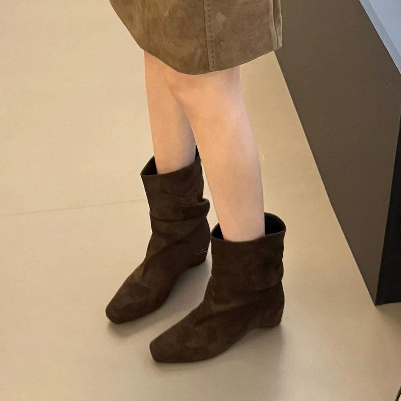 Cowboy Boots Niche Inner Height Increasing Soft Leather Square Head French Pleated Suede Skinny Boots Short Boots Women's Pile Boots Western