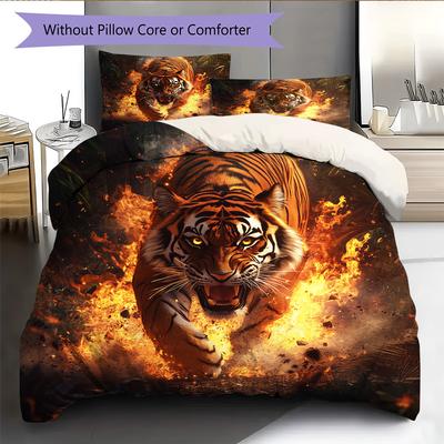 Flame Tiger Pattern Bedding Quilt Set Home Decoration Gift (1 * Duvet Cover + 2 * Pillowcase, Without Core)