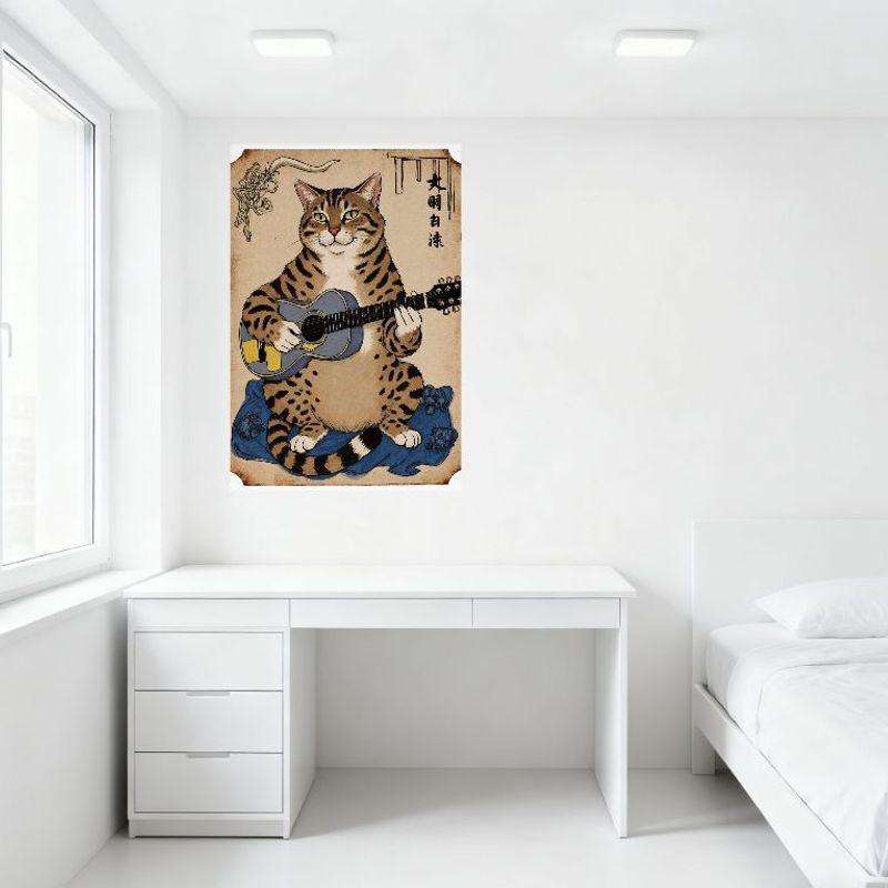 Sexy Vintage Plump Tabby Cat with Guitar Tin Sign, Whimsical Floral Background Japanese Kanji Metal Wall Decor for Bar Home Art