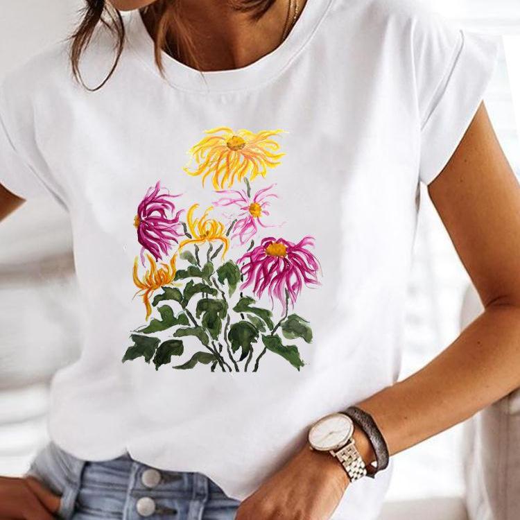 Women's Short-sleeved T-shirt, Fashionable Flower Print Bottoming Shirt