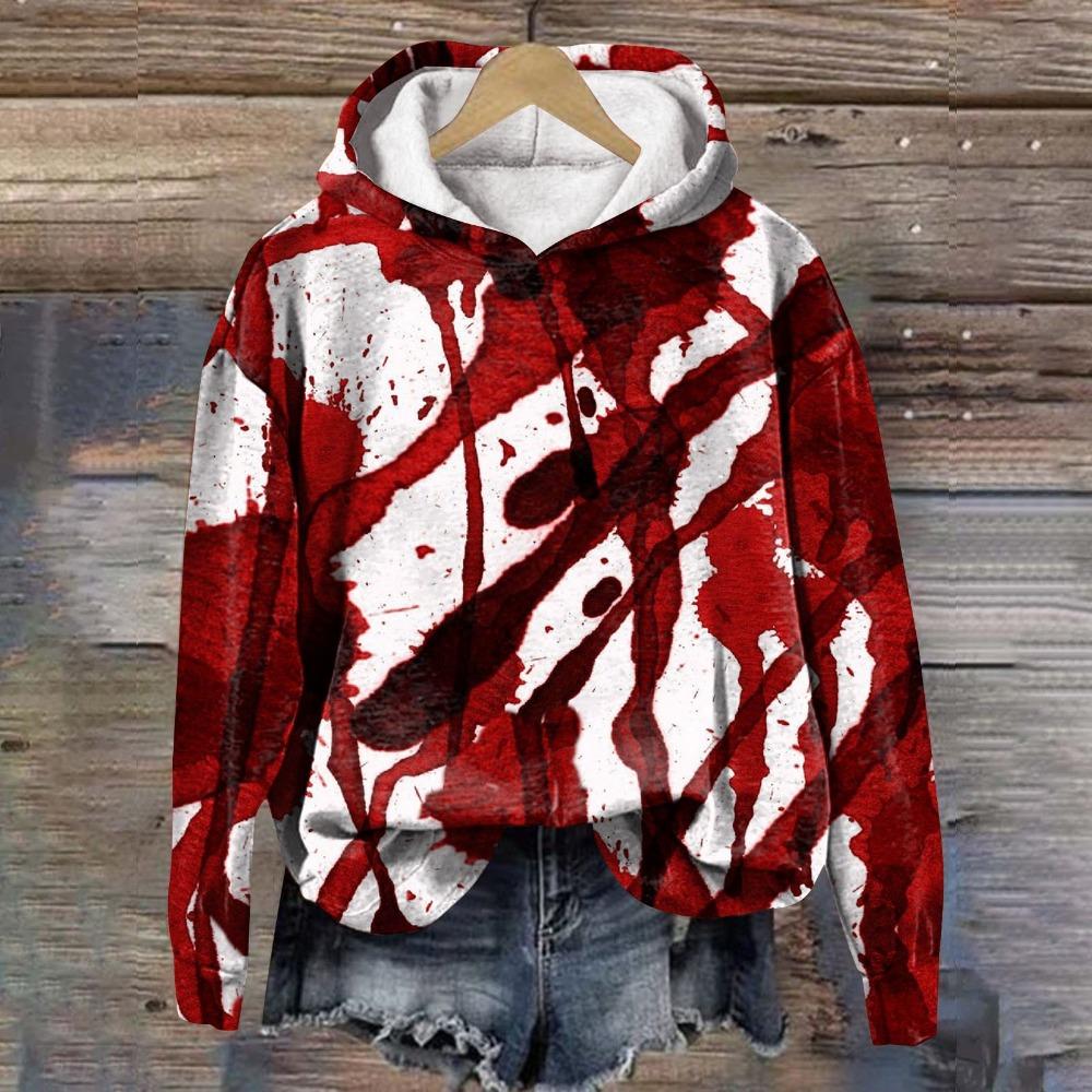 

Halloween Women Blood Printing Sweatshirts Long Sleeve Casual Hoodies Drawstring Oversized Hooded Pullover Moletom Femininos 5XL