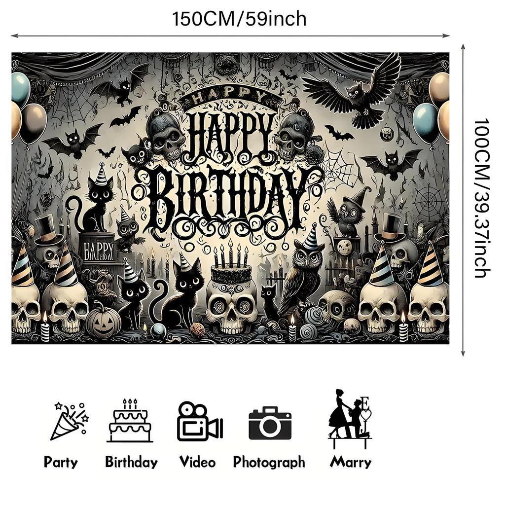 1 Gothic style cat skull birthday banner - Horror Halloween themed party decoration with black cats, bats, and skeletons
