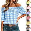 Women's Off-Shoulder Plaid Print Blouse with Puff Sleeves, Casual Relaxed Fit Top
