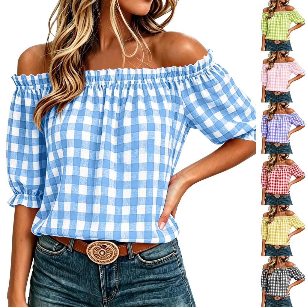 Women's Off-Shoulder Plaid Print Blouse with Puff Sleeves, Casual Relaxed Fit Top