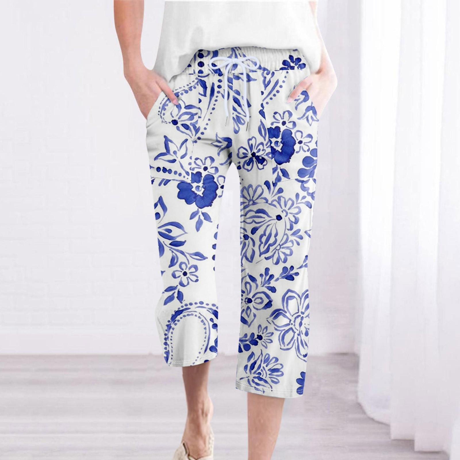 

Pants For Women Casual Summer Printed Cotton And Linen Loose Pants Pocket Mid Leg Pants L синій