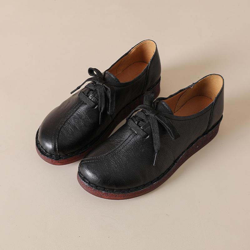 Johnature Genuine Leather Soft Soled Women's Shoes Casual Solid Color Versatile Lace-up Flats