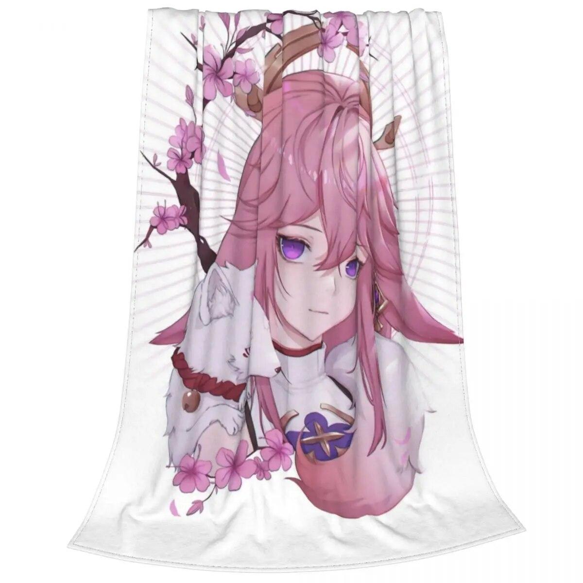 

Genshin Impact Kawaii Girl фланелевые одеяла Yae Miko аниме винтажное одеяло для дивана постельное белье гостиная 150*125 см покрывала 75x100cm 30x40in
