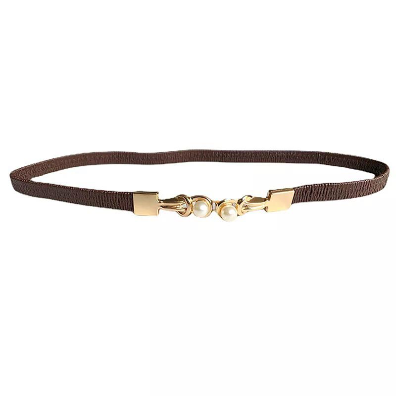 Elegant Double Pearls Buckle Elastic Women Belts Black Thin Waistband For Dress Skirt Lady Girl Decor Fashion Vintage Style