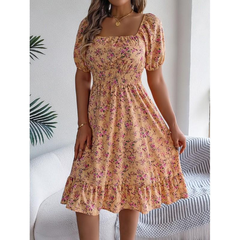 

European American Floral Square Collar Short-sleeved Waist Ruffled A-line Dress M жёлтый