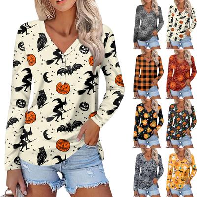 Damen Casual Fashion Sexy Comfort Halloween Bedruckter V-Ausschnitt Knopf Langarm