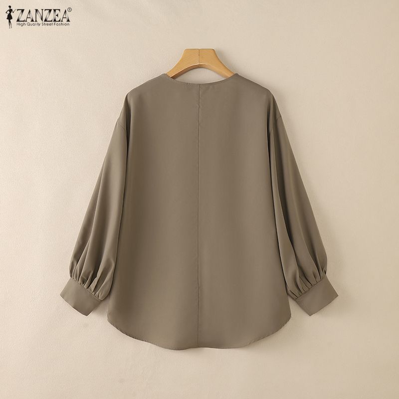 ZANZEA Lässige Bluse mit V-Ausschnitt und langen Ärmeln für Damen in Volltonfarbe