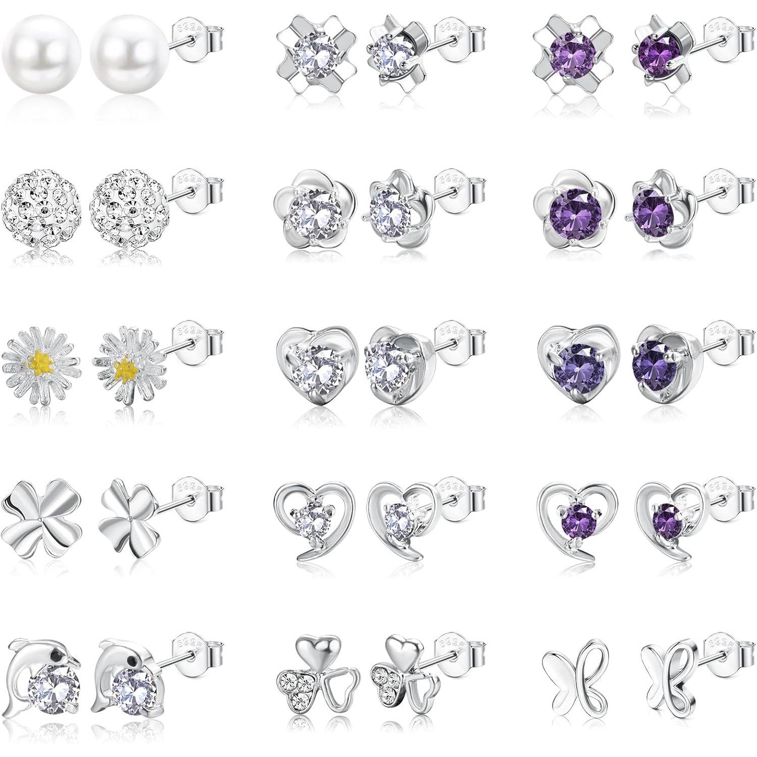 Bobisty 15 Pairs Studs Set Earrings for Women Cubic Zirconia Stud Pearl Heart Flower Butterfly Stud Earring Piercing Jewellery