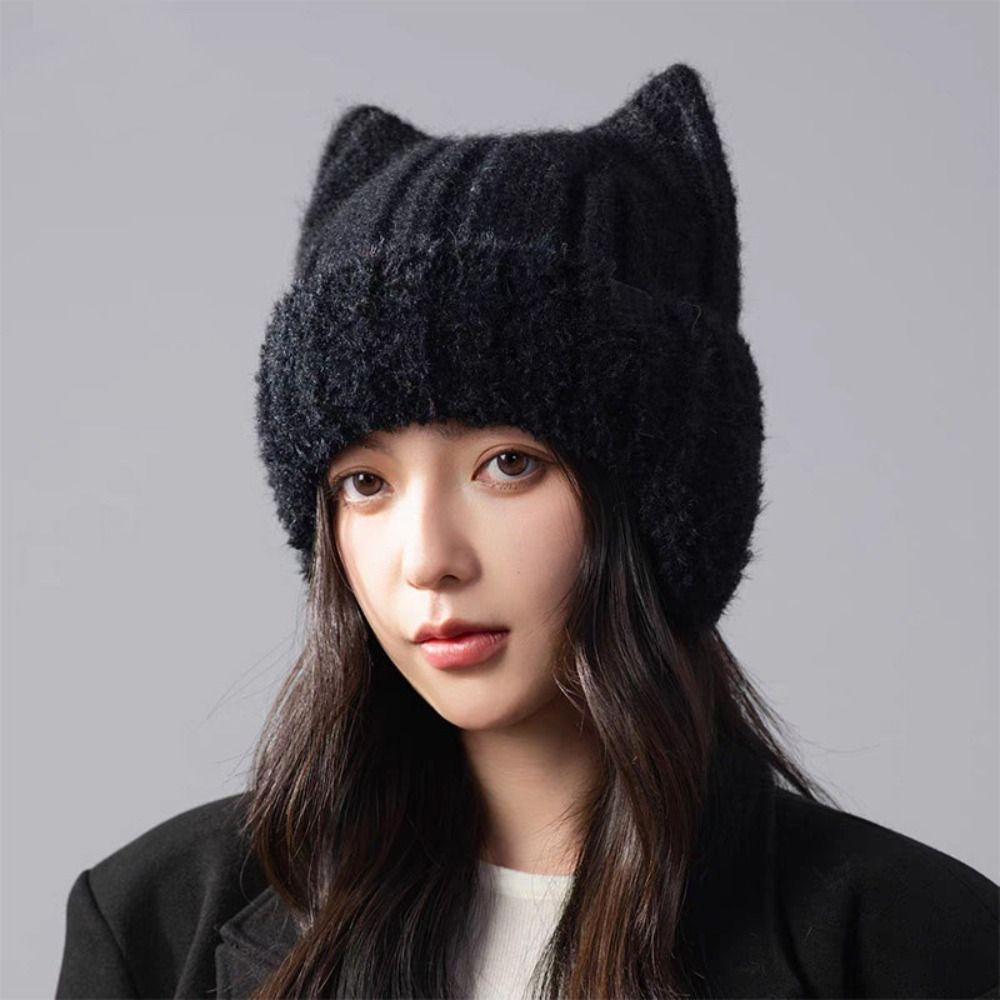 Ribbed Knit Knit Earflap Beanie Plush Lining Cat Ear Beanie New Plush Lined Hat For Children