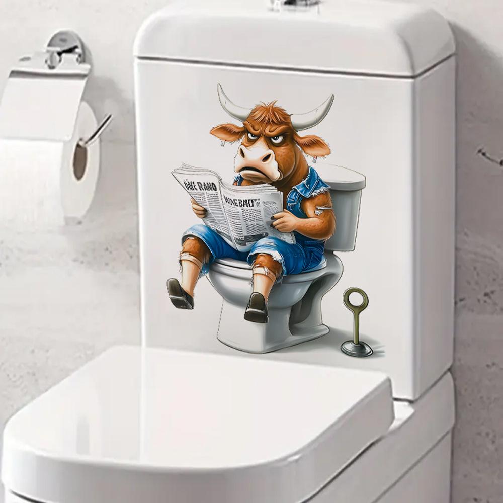 3D Funny Cartoon Calf Reading Newspaper On Toilet Wall Sticker Self-Adhesive Waterproof Removable Bathroom Home Decor Art